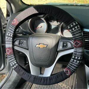 Aztec Patterned Black and Red Stereing Wheel Fabric Cover Standard Size